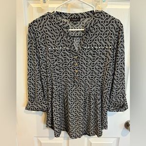 Black and White Roll-Tab V-neck Blouse with Silver Button Detail